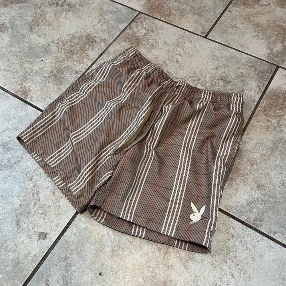 Playboy by PacSun Striped Swim Trunks Brown Mauve Cream Men's Size Small